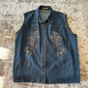 Y2K Vintage denim vest Rare Hand-look floral cross-stitch embroidery Boho Westrn